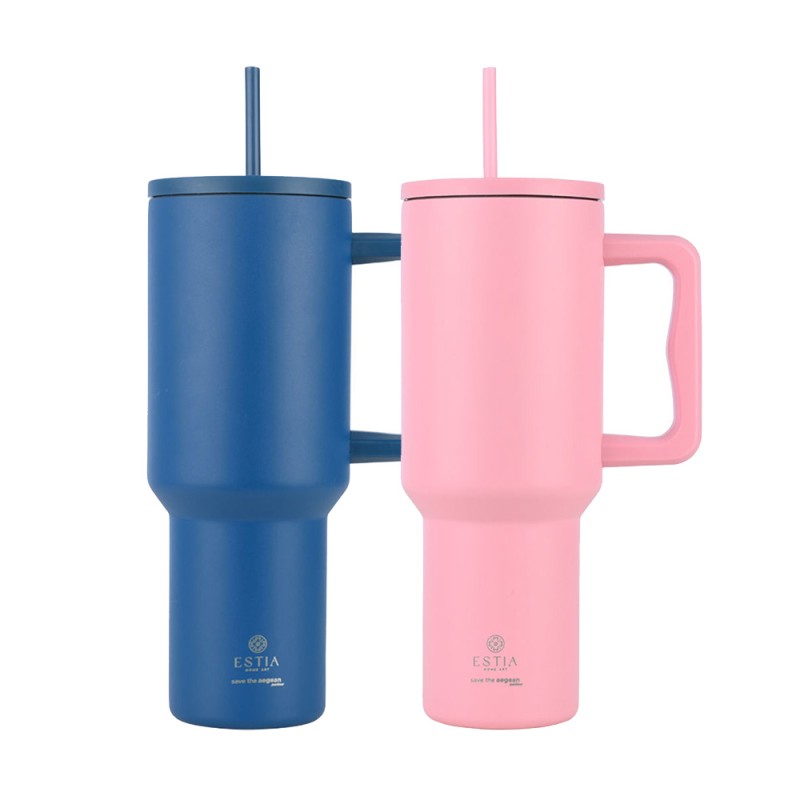 Estia Straw Tumbler XL Σετ 2 Θερμός 1200ml - Denim Blue & Blossom Rose