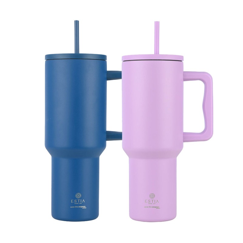 Estia Straw Tumbler XL Σετ 2 Θερμός 1200ml - Denim Blue & Lavender Purple