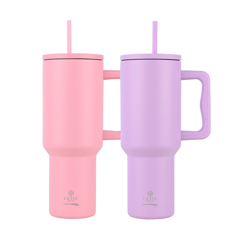 Estia Straw Tumbler XL Σετ 2 Θερμός 1200ml - Blossom Rose & Lavender Purple
