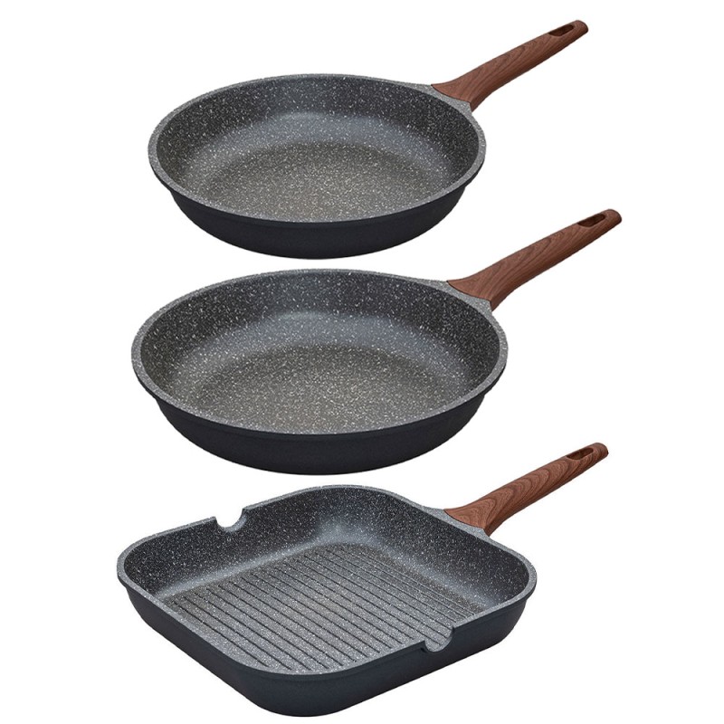 Estia Stone Σετ 2 Τηγάνια (26cm + 30cm) & Γκριλιέρα 28cm – Χυτό Αλουμίνιο Υψηλής Ποιότητας & Αντικολλητική Επίστρωση Πέτρας