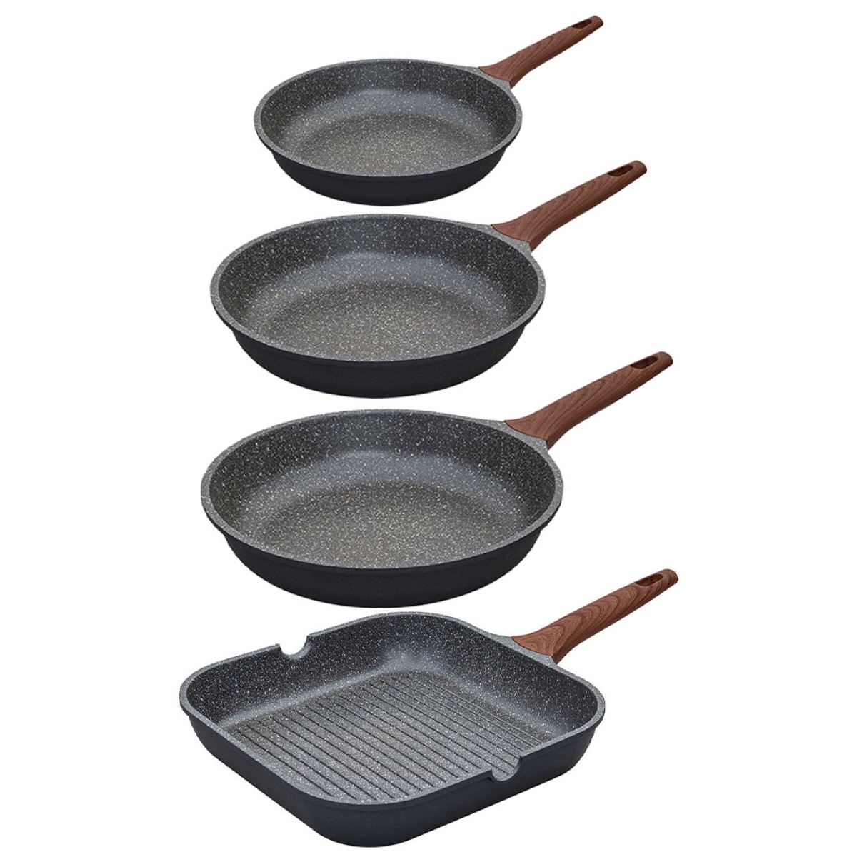 Estia Stone Σετ 3 Τηγάνια (20cm + 26cm + 28cm) & Γκριλιέρα 28cm – Χυτό Αλουμίνιο Υψηλής Ποιότητας & Αντικολλητική Επίστρωση Πέτρας