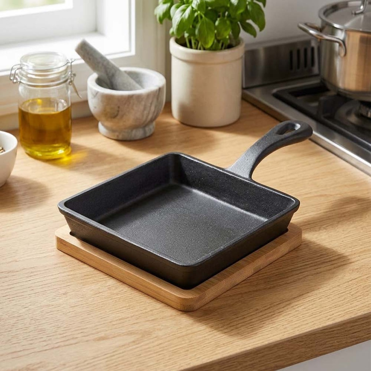Estia Iron Series Μαντεμένιο Τηγάνι Σερβιρίσματος 14cm με Βάση Bamboo (23.5x14.3x3.4cm)