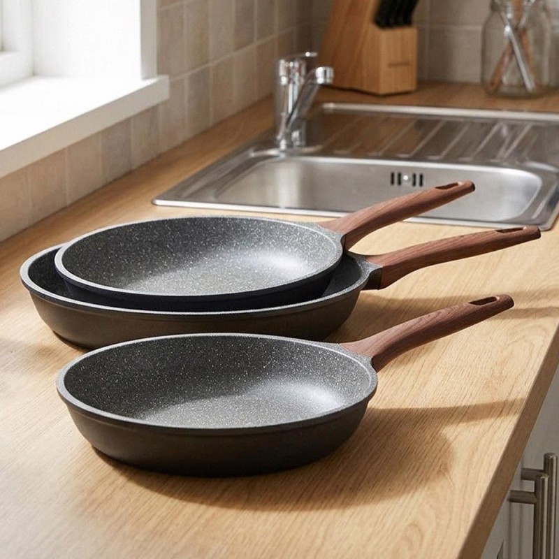 Estia Stone Σετ 3 Τηγάνια (20cm + 24cm + 28cm) – Χυτό Αλουμίνιο Υψηλής Ποιότητας & Αντικολλητική Επίστρωση Πέτρας