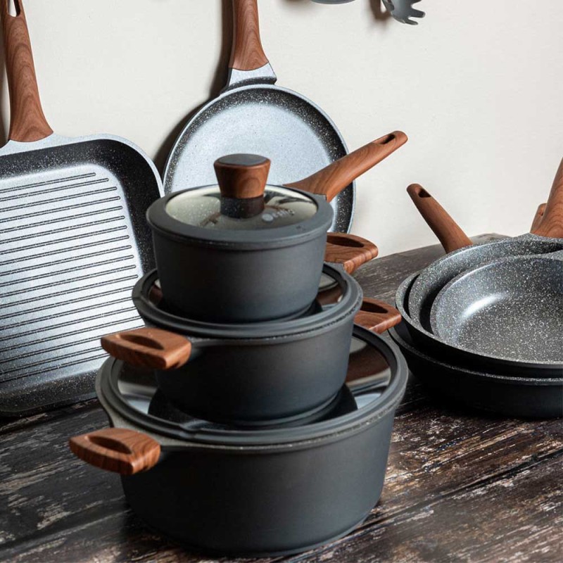 Estia Stone Family Set: Σετ 4 Τεμαχίων Χυτού Αλουμινίου – Κατσαρόλες Ν.24 & Ν.28, Τηγάνι Ν.28 & Γκριλιέρα Ν.28