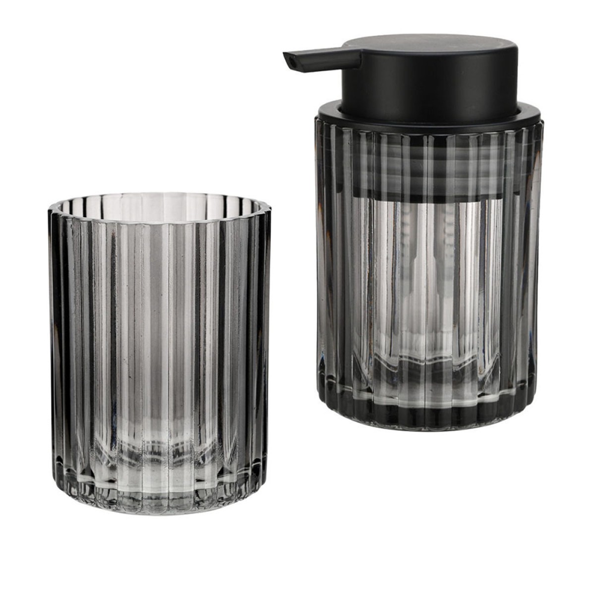 Estia Alivio Black Σετ Μπάνιου 2τμχ Γυάλινο Ανάγλυφο - Δοχείο Κρεμοσάπουνου 300ml & Ποτηράκι