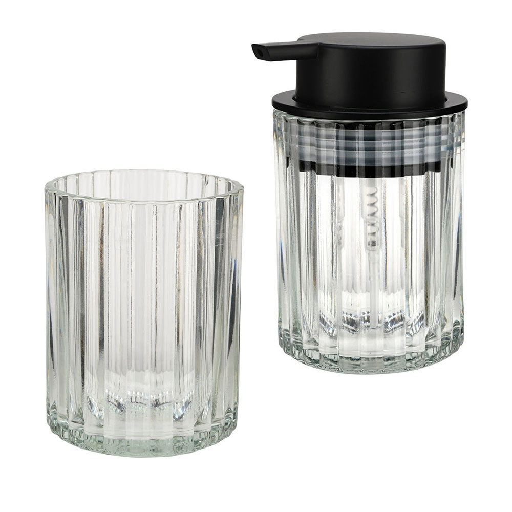 Estia Alivio Σετ Μπάνιου 2τμχ Γυάλινο Ανάγλυφο - Δοχείο Κρεμοσάπουνου 300ml & Ποτηράκι