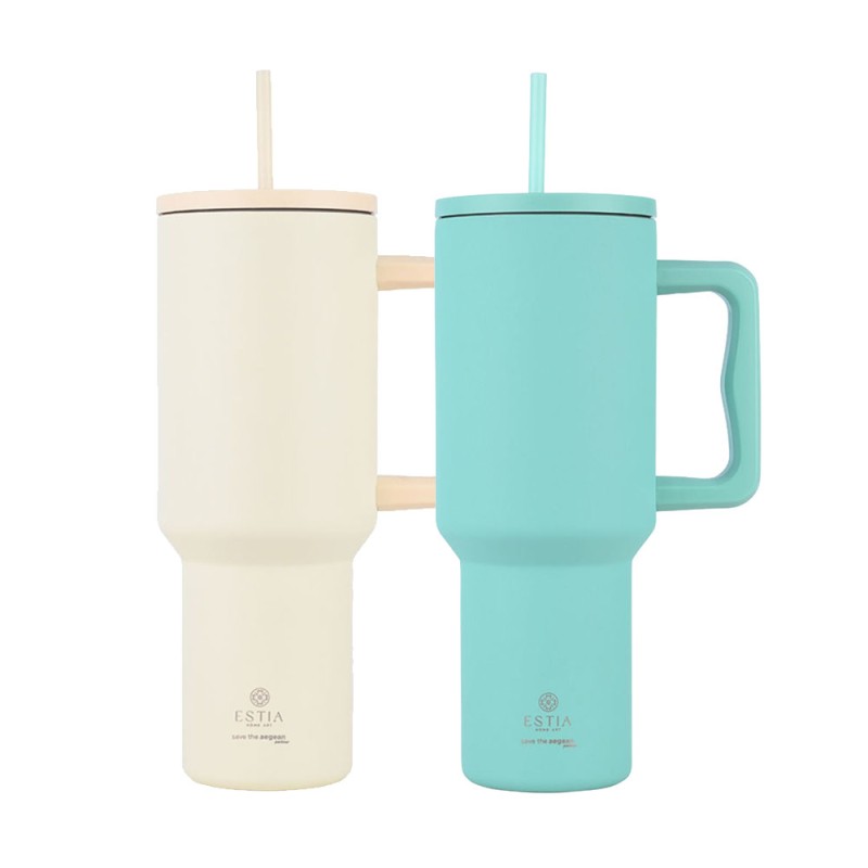 Estia Straw Tumbler XL Σετ 2 Θερμός 1200ml - Lily White & Bermuda Green