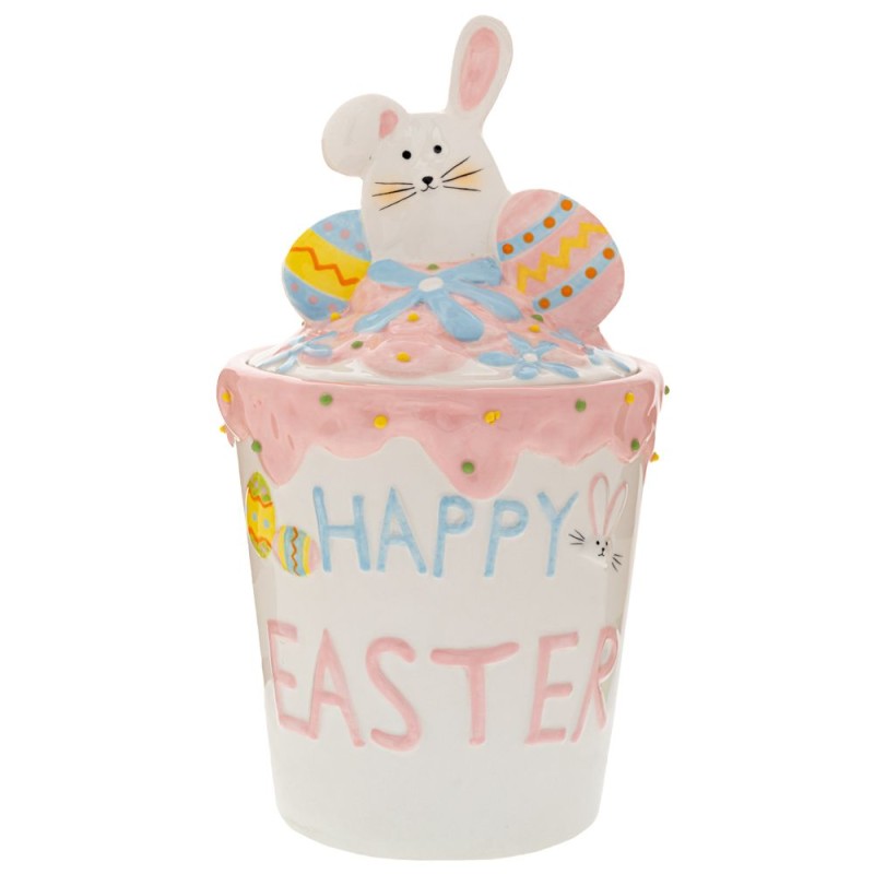 Πασχαλινή Μπισκοτιέρα με Λαγό (18x32cm) Κεραμική Λευκό & Ροζ