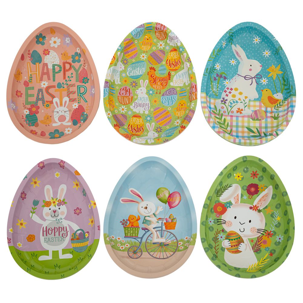 Πολύχρωμοι Πασχαλινοί Μεταλλικοί Δίσκοι σε Σχήμα Αυγού 26x18x3cm Σετ 6 Σχέδια