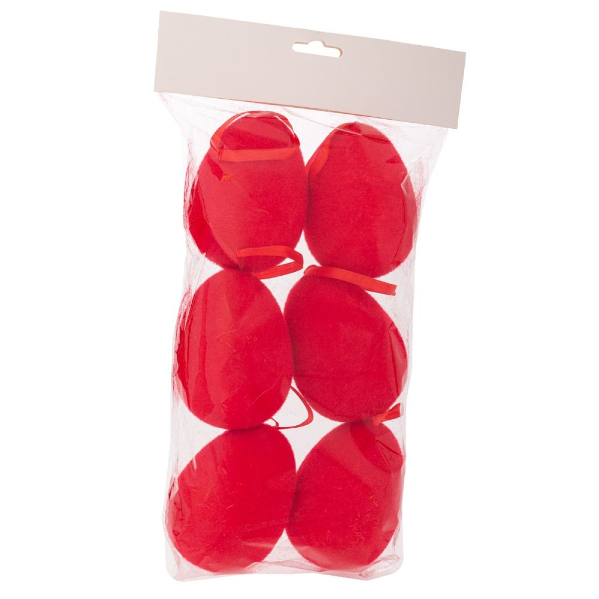 Σετ 6 Κόκκινα Κρεμαστά Χνουδωτά Αυγά 7x10cm