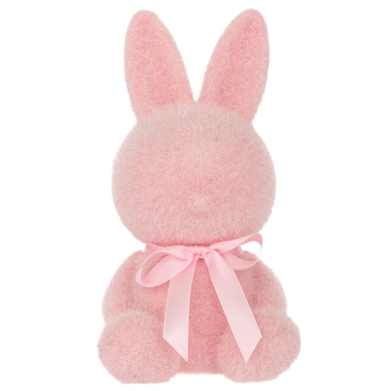 Ροζ Καθιστός Χνουδωτός Λαγός με Φιόγκο στο Λαιμό 18cm