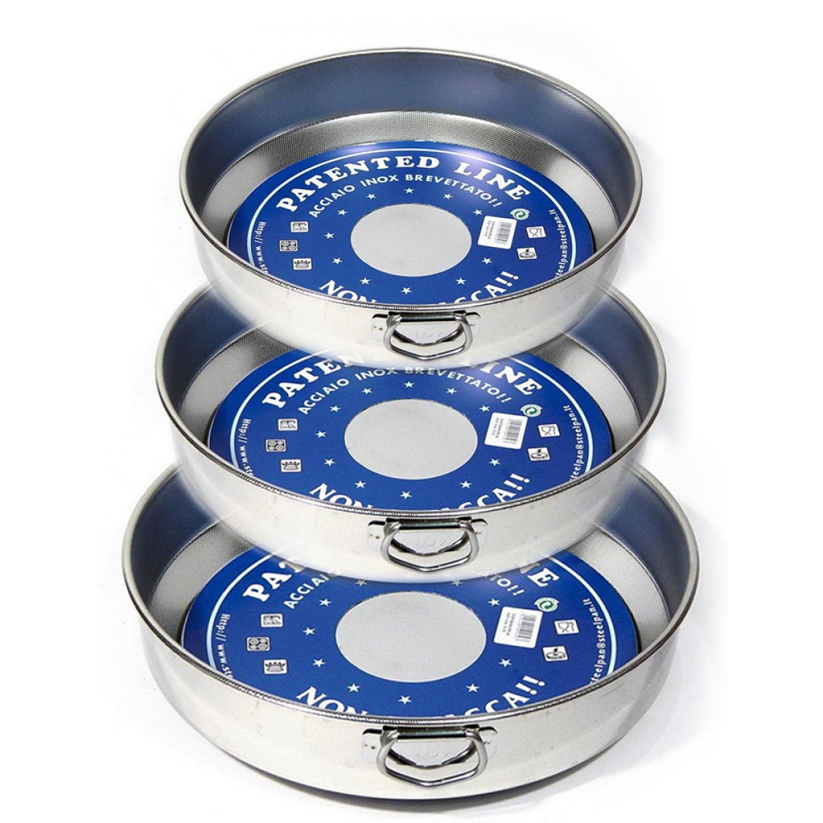 Steel Pan Patented Premium Σετ 3 Στρογγυλά Ταψιά (26cm + 32cm + 40cm) – Ιταλικά Ανοξείδωτα 18/10 με Αντικολλητική Τεχνολογία χωρίς Χημικά