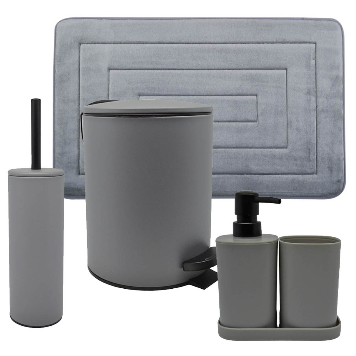 Ankor Grey Σετ Μπάνιου 6τμχ – Πεντάλ Soft Close, Πιγκάλ, Πατάκι, Dispenser, Ποτήρι Μπάνιου & Σαπουνοθήκη