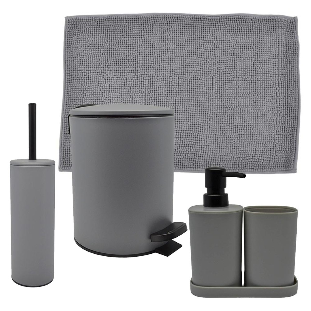 Ankor Grey Σετ Μπάνιου 6τμχ – Πεντάλ Soft Close, Πιγκάλ, Πατάκι, Dispenser, Ποτήρι Μπάνιου & Σαπουνοθήκη