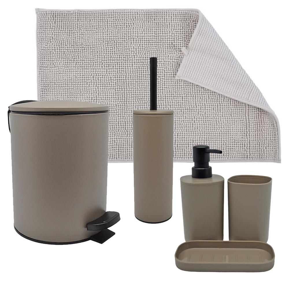 Ankor Taupe Σετ Μπάνιου 6τμχ – Πεντάλ Soft Close, Πιγκάλ, Πατάκι, Dispenser, Ποτήρι Μπάνιου & Σαπουνοθήκη