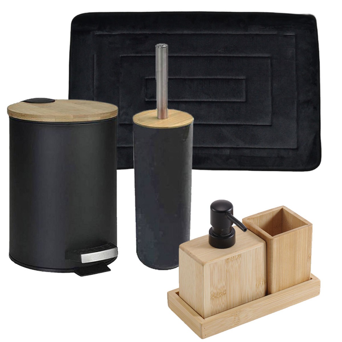 Bamboo Black Σετ Μπάνιου 6τμχ – Πεντάλ Soft Close, Πιγκάλ, Πατάκι, Dispenser, Ποτήρι Μπάνιου & Σαπουνοθήκη