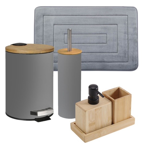 Bamboo Grey Σετ Μπάνιου 6τμχ – Πεντάλ Soft Close, Πιγκάλ, Πατάκι, Dispenser, Ποτήρι Μπάνιου & Σαπουνοθήκη