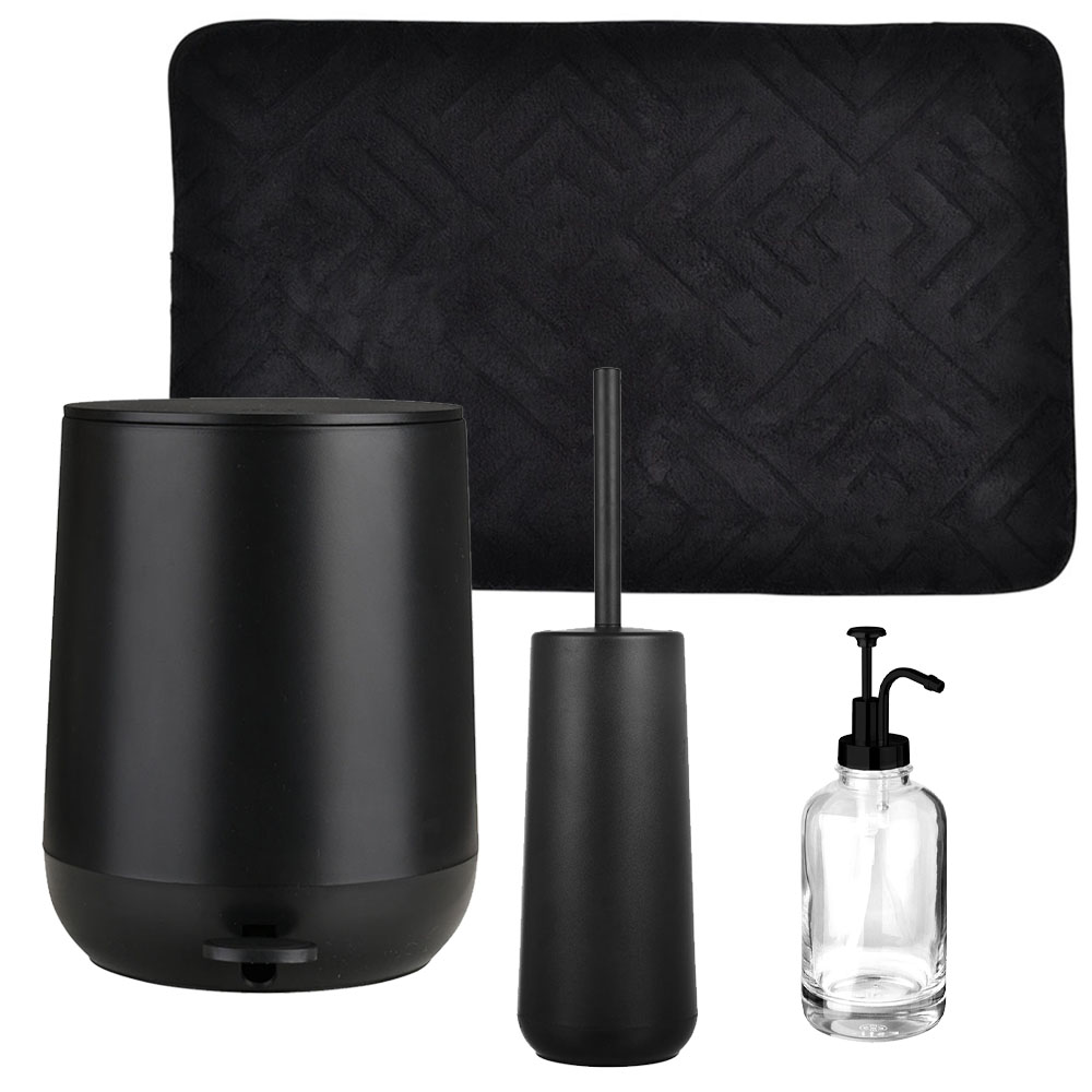 Fjord Black Σετ Μπάνιου 4τμχ – Πεντάλ Soft Close, Πιγκάλ, Πατάκι Memory Foam & Δοχείο Κρεμοσάπουνου 500ml