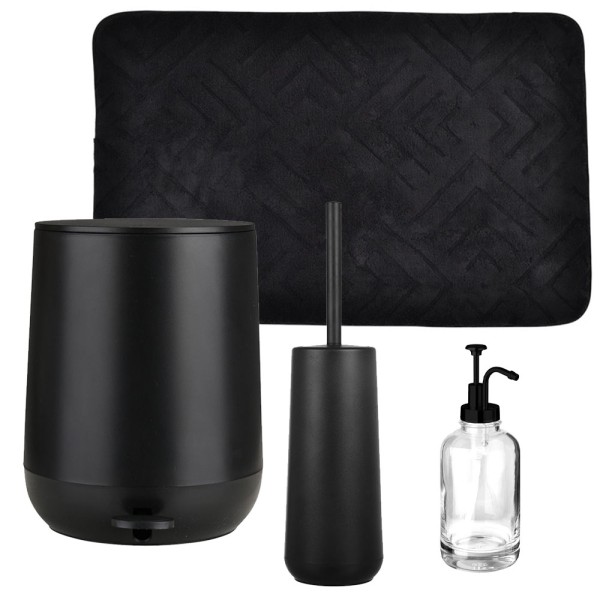 Fjord Black Σετ Μπάνιου 4τμχ – Πεντάλ Soft Close, Πιγκάλ, Πατάκι Memory Foam & Δοχείο Κρεμοσάπουνου 500ml