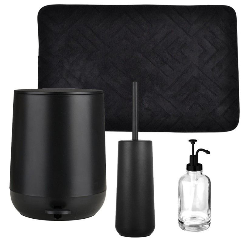 Fjord Black Σετ Μπάνιου 4τμχ – Πεντάλ Soft Close, Πιγκάλ, Πατάκι Memory Foam & Δοχείο Κρεμοσάπουνου 500ml