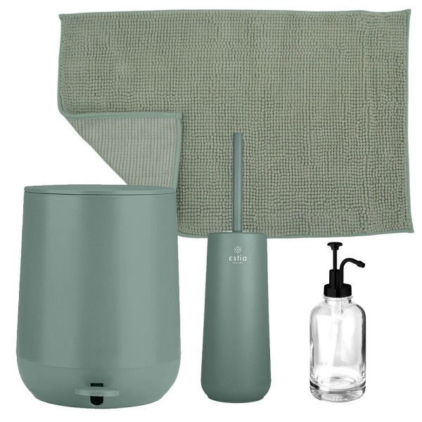 Fjord Green Σετ Μπάνιου 4τμχ – Πεντάλ Soft Close, Πιγκάλ, Πατάκι & Δοχείο Κρεμοσάπουνου 500ml