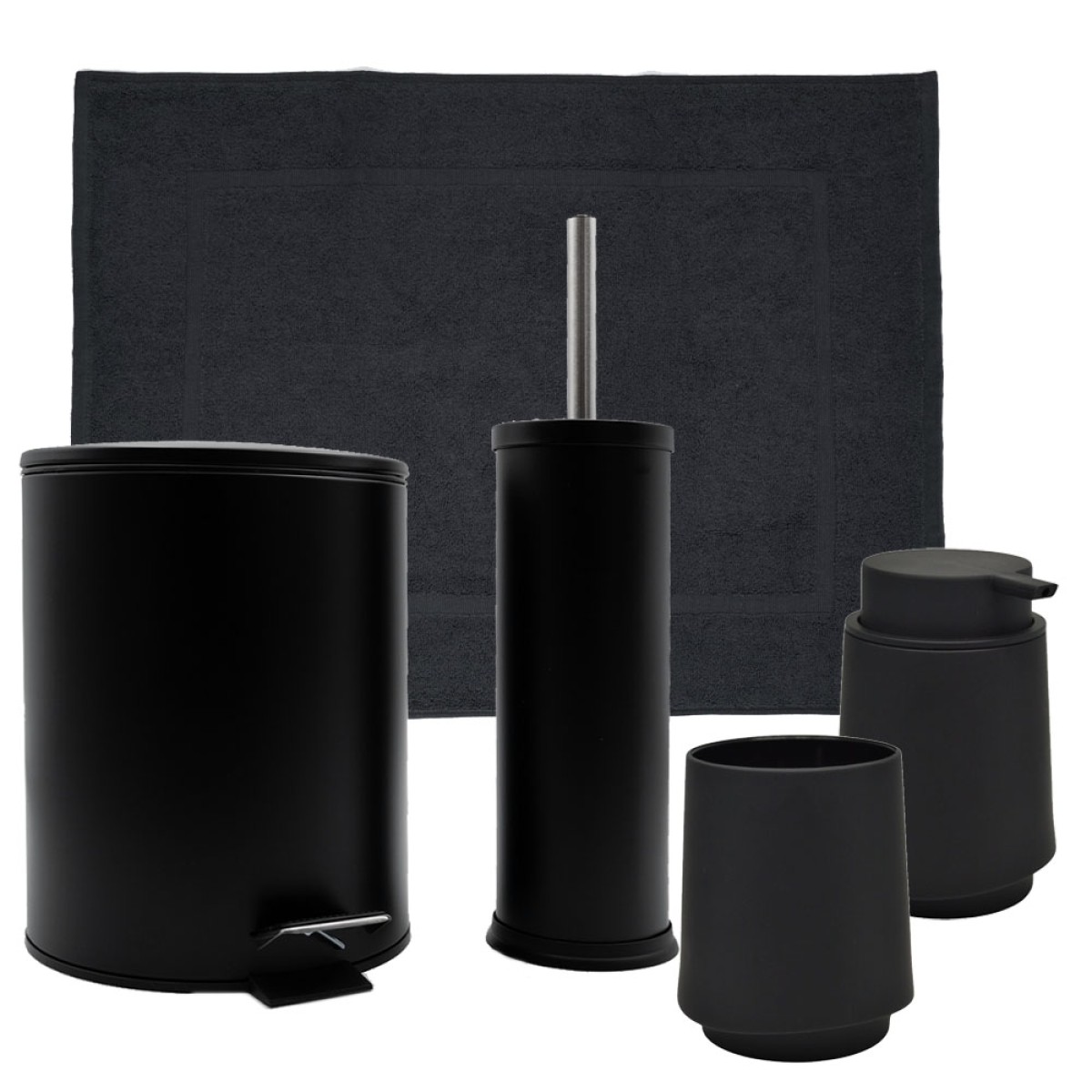 Hotel Classic Black Σετ Μπάνιου 5τμχ – Κάδος 5lt Soft Close, Πιγκάλ, Βαμβακερό Πατάκι 700gsm, Dispenser & Ποτήρι Soft-Touch