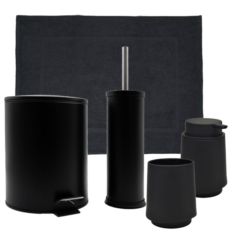 Hotel Classic Black Σετ Μπάνιου 5τμχ – Κάδος 5lt Soft Close, Πιγκάλ, Βαμβακερό Πατάκι 700gsm, Dispenser & Ποτήρι Soft-Touch
