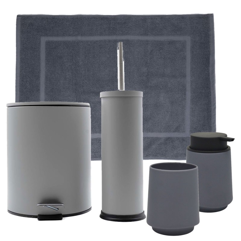 Hotel Classic Grey Σετ Μπάνιου 5τμχ – Κάδος 5lt Soft Close, Πιγκάλ, Βαμβακερό Πατάκι 700gsm, Dispenser & Ποτήρι Soft-Touch