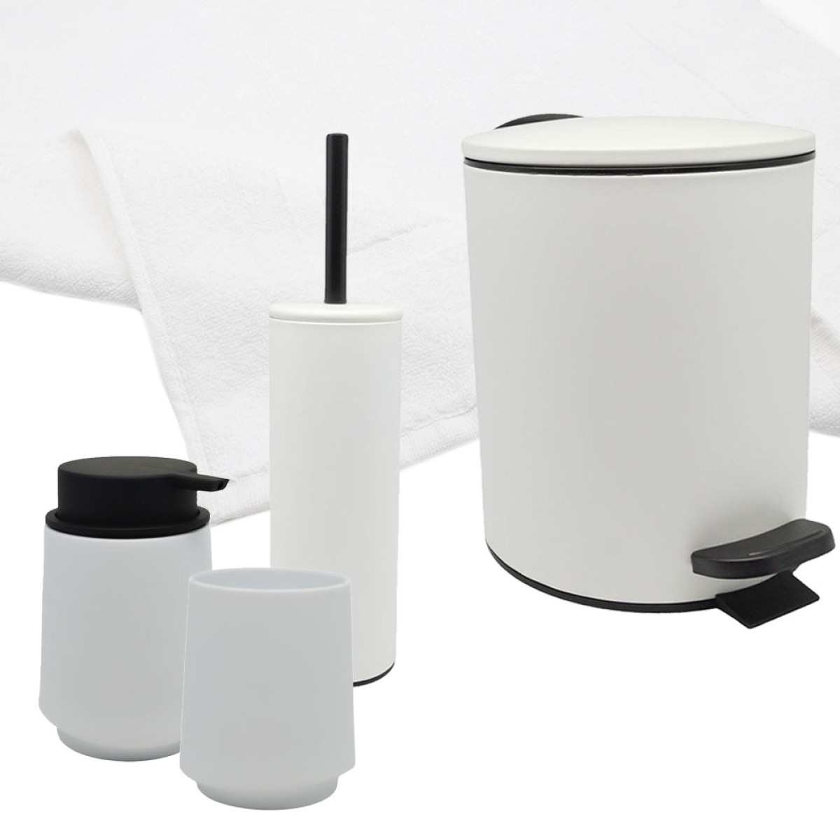 Hotel Classic White Σετ Μπάνιου 5τμχ – Κάδος 5lt Soft Close, Πιγκάλ, Βαμβακερό Πατάκι 700gsm, Dispenser & Ποτήρι Soft-Touch