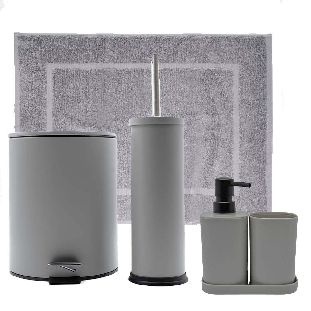Hotel Classic Grey Σετ Μπάνιου 6τμχ – Κάδος 5lt Soft Close, Πιγκάλ, Βαμβακερό Πατάκι 700gsm, Dispenser, Ποτήρι & Σαπουνοθήκη
