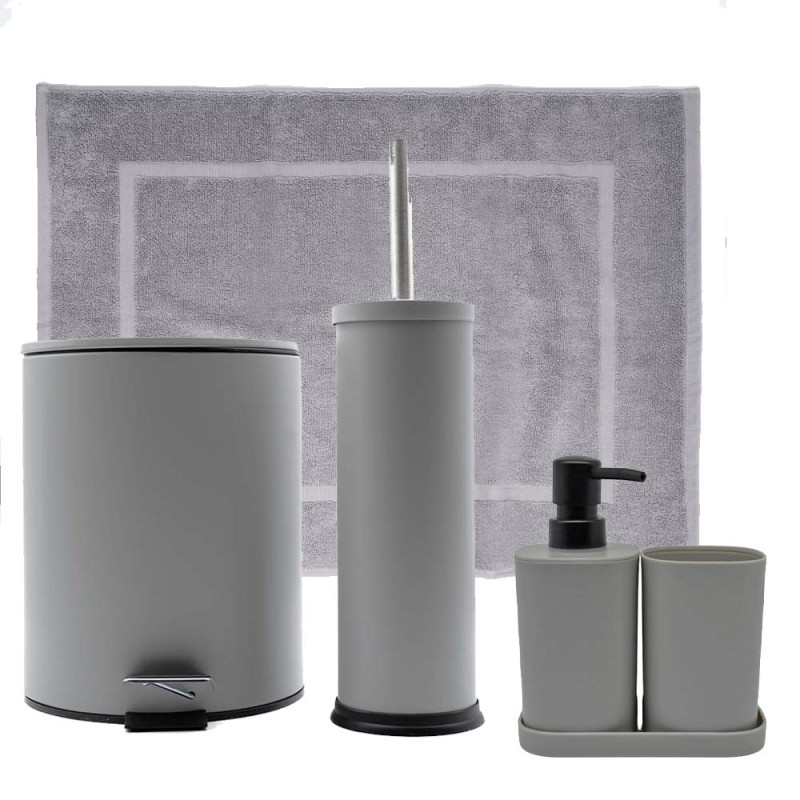 Hotel Classic Grey Σετ Μπάνιου 6τμχ – Κάδος 5lt Soft Close, Πιγκάλ, Βαμβακερό Πατάκι 700gsm, Dispenser, Ποτήρι & Σαπουνοθήκη