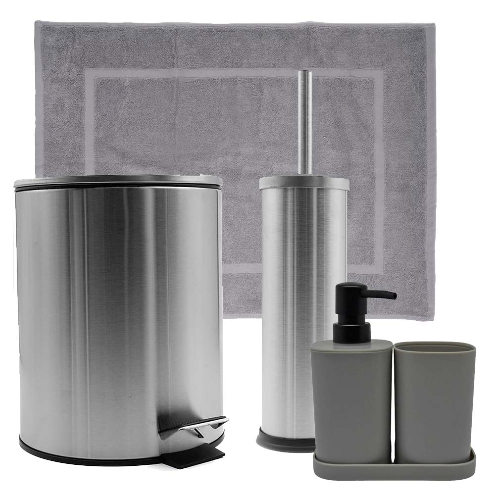 Hotel Classic Grey/Inox Σετ Μπάνιου 6τμχ – Κάδος 5lt Soft Close, Πιγκάλ, Βαμβακερό Πατάκι 700gsm, Dispenser, Ποτήρι & Σαπουνοθήκη