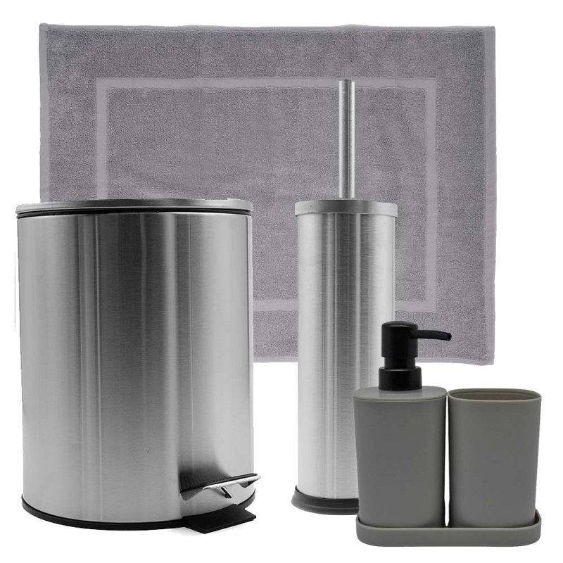 Hotel Classic Grey/Inox Σετ Μπάνιου 6τμχ – Κάδος 5lt Soft Close, Πιγκάλ, Βαμβακερό Πατάκι 700gsm, Dispenser, Ποτήρι & Σαπουνοθήκη