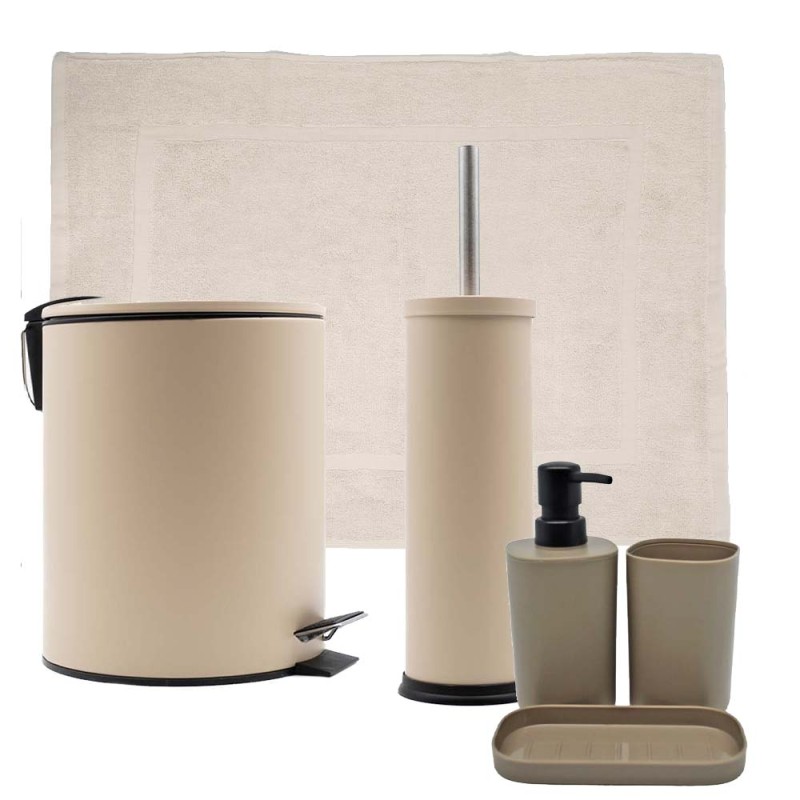 Hotel Classic Beige/Taupe Σετ Μπάνιου 6τμχ – Κάδος 5lt Soft Close, Πιγκάλ, Βαμβακερό Πατάκι 700gsm, Dispenser, Ποτήρι & Σαπουνοθήκη