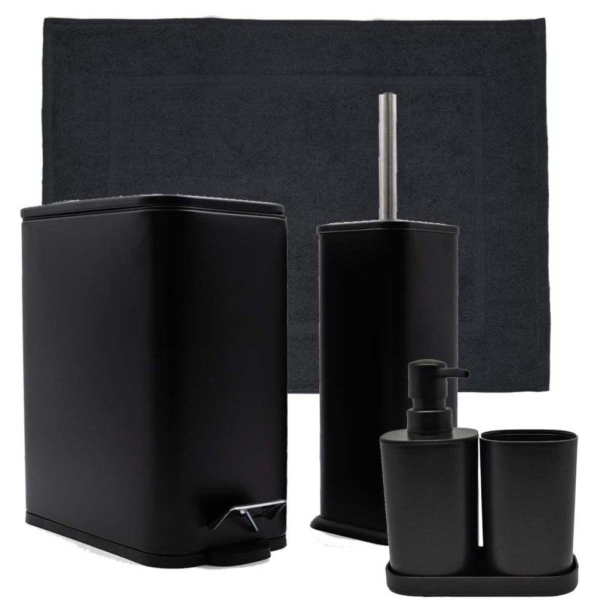 Hotel Slim Black Σετ Μπάνιου 6τμχ – Ορθογώνιος Κάδος 5lt Soft Close, Πιγκάλ, Βαμβακερό Πατάκι 700gsm, Dispenser, Ποτήρι & Σαπουνοθήκη
