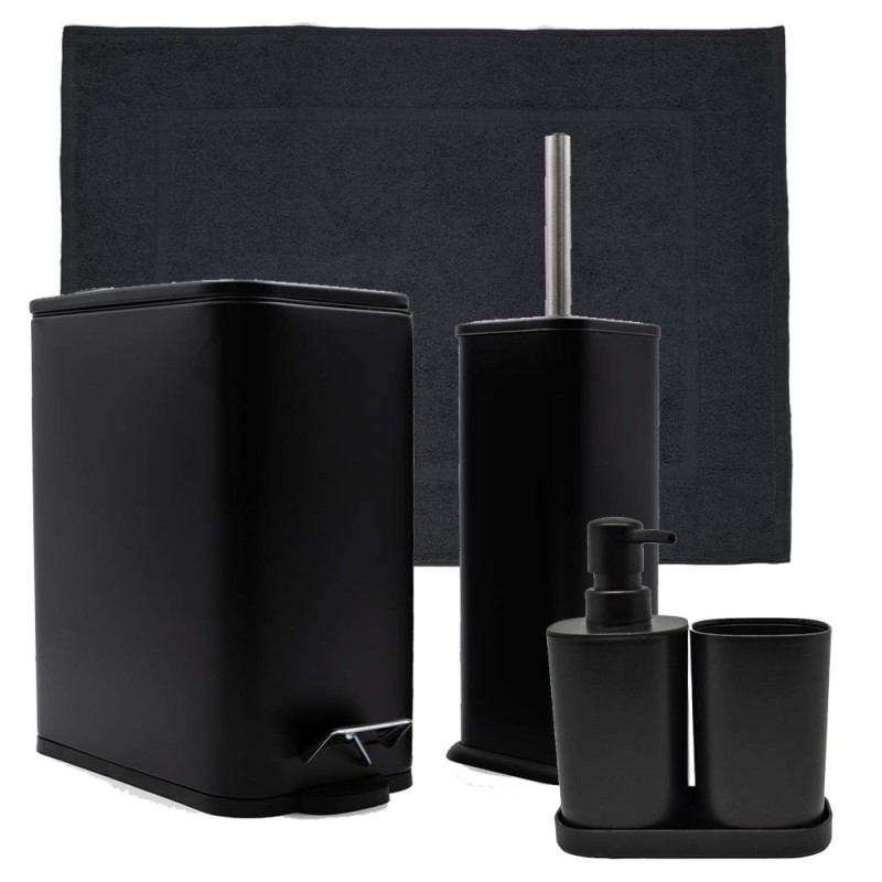 Hotel Slim Black Σετ Μπάνιου 6τμχ – Ορθογώνιος Κάδος 5lt Soft Close, Πιγκάλ, Βαμβακερό Πατάκι 700gsm, Dispenser, Ποτήρι & Σαπουνοθήκη