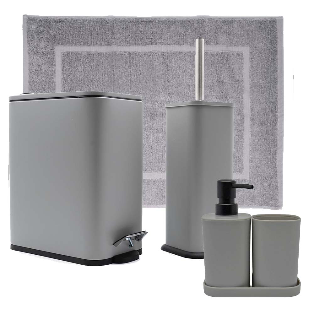 Hotel Slim Grey Σετ Μπάνιου 6τμχ – Ορθογώνιος Κάδος 5lt Soft Close, Πιγκάλ, Βαμβακερό Πατάκι 700gsm, Dispenser, Ποτήρι & Σαπουνοθήκη
