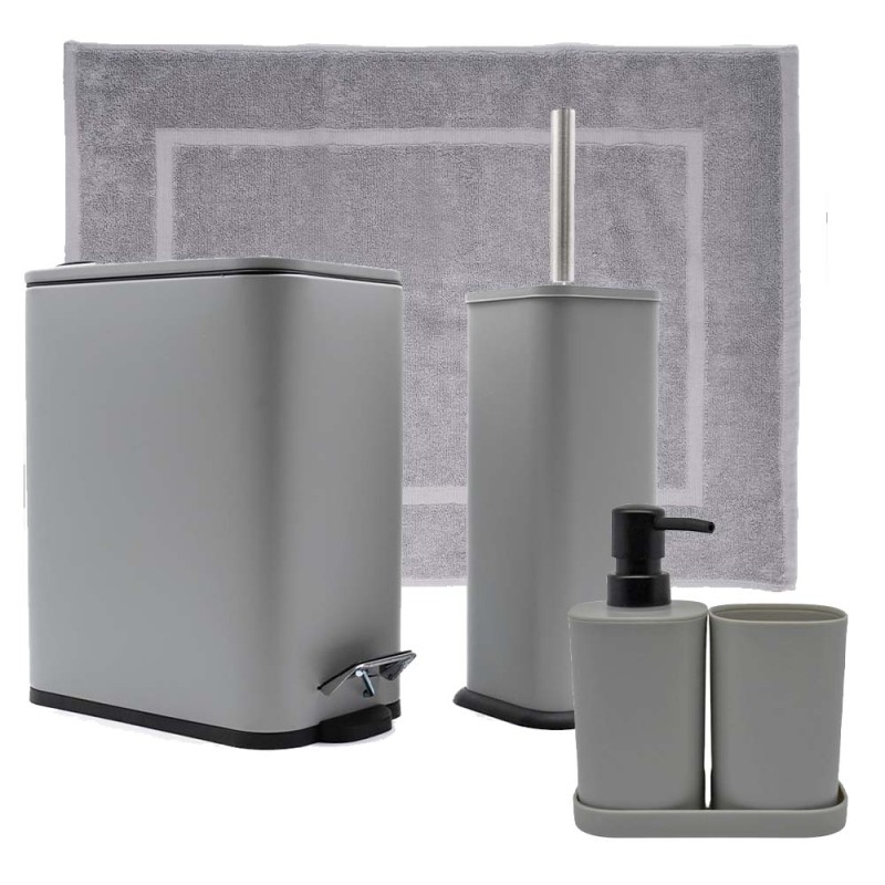Hotel Slim Grey Σετ Μπάνιου 6τμχ – Ορθογώνιος Κάδος 5lt Soft Close, Πιγκάλ, Βαμβακερό Πατάκι 700gsm, Dispenser, Ποτήρι & Σαπουνοθήκη