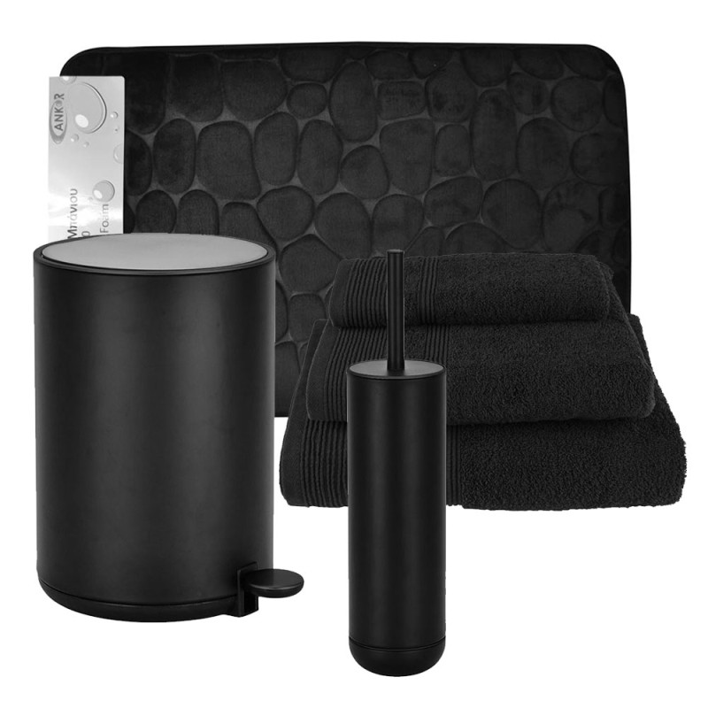 Dutch Lifestyle Black Σετ Μπάνιου 6τμχ – Πεντάλ Soft Close, Πιγκάλ, Πατάκι Memory Foam & Βαμβακερές Πετσέτες