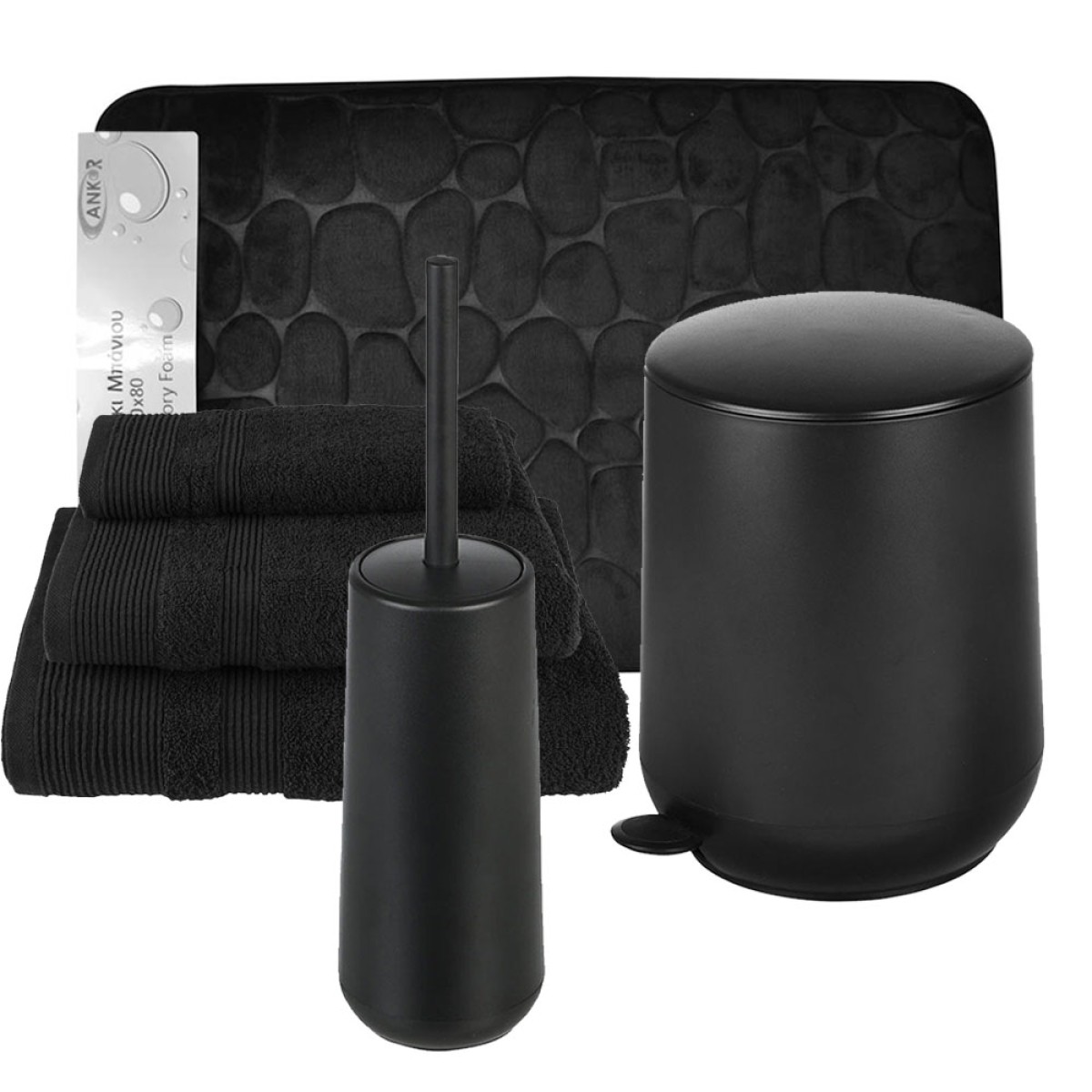 Fjord Black Σετ Μπάνιου 6τμχ – Πεντάλ Soft Close, Πιγκάλ, Πατάκι Memory Foam & Βαμβακερές Πετσέτες