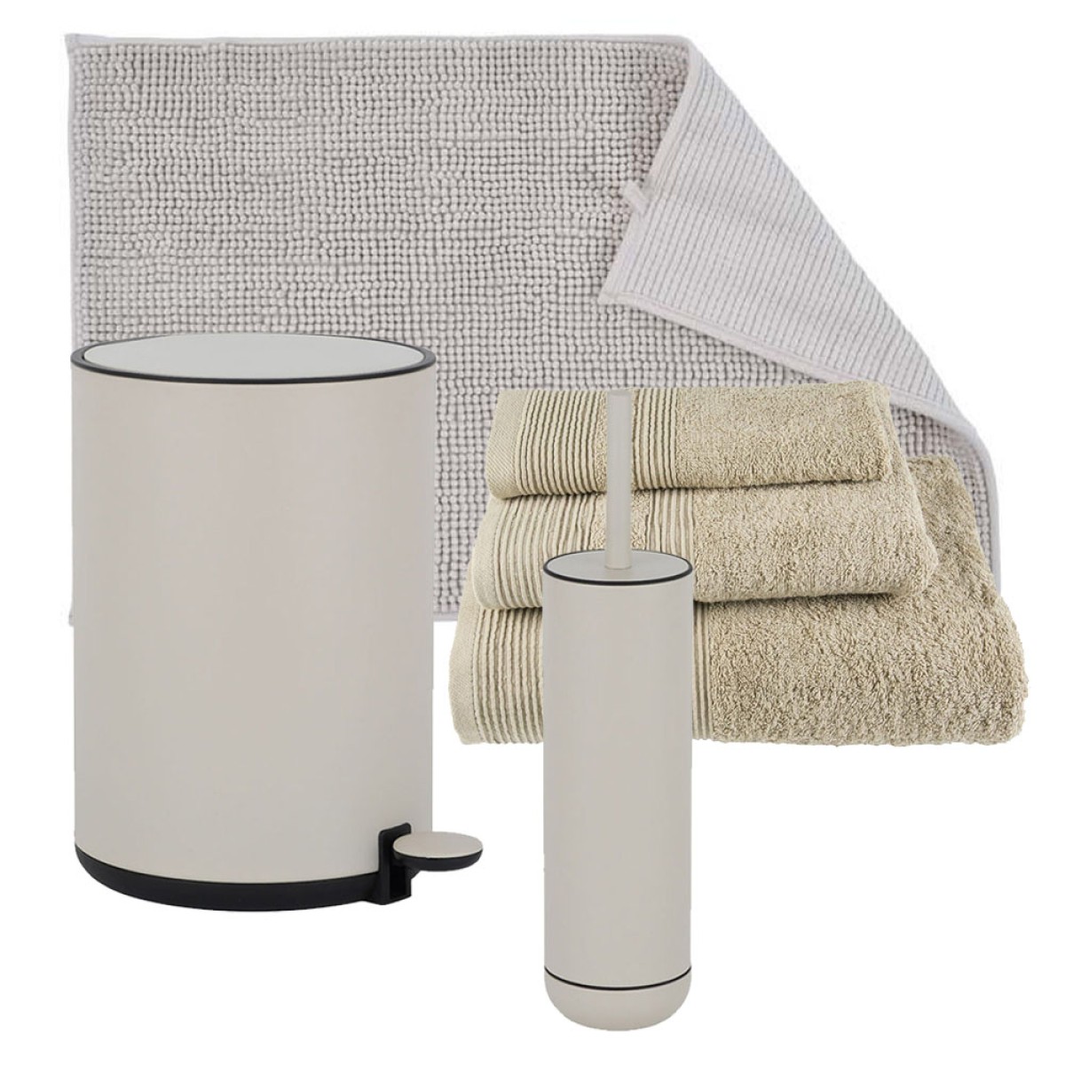 Dutch Lifestyle Beige Σετ Μπάνιου 6τμχ – Πεντάλ Soft Close, Πιγκάλ, Πατάκι Σιλικόνης & Βαμβακερές Πετσέτες