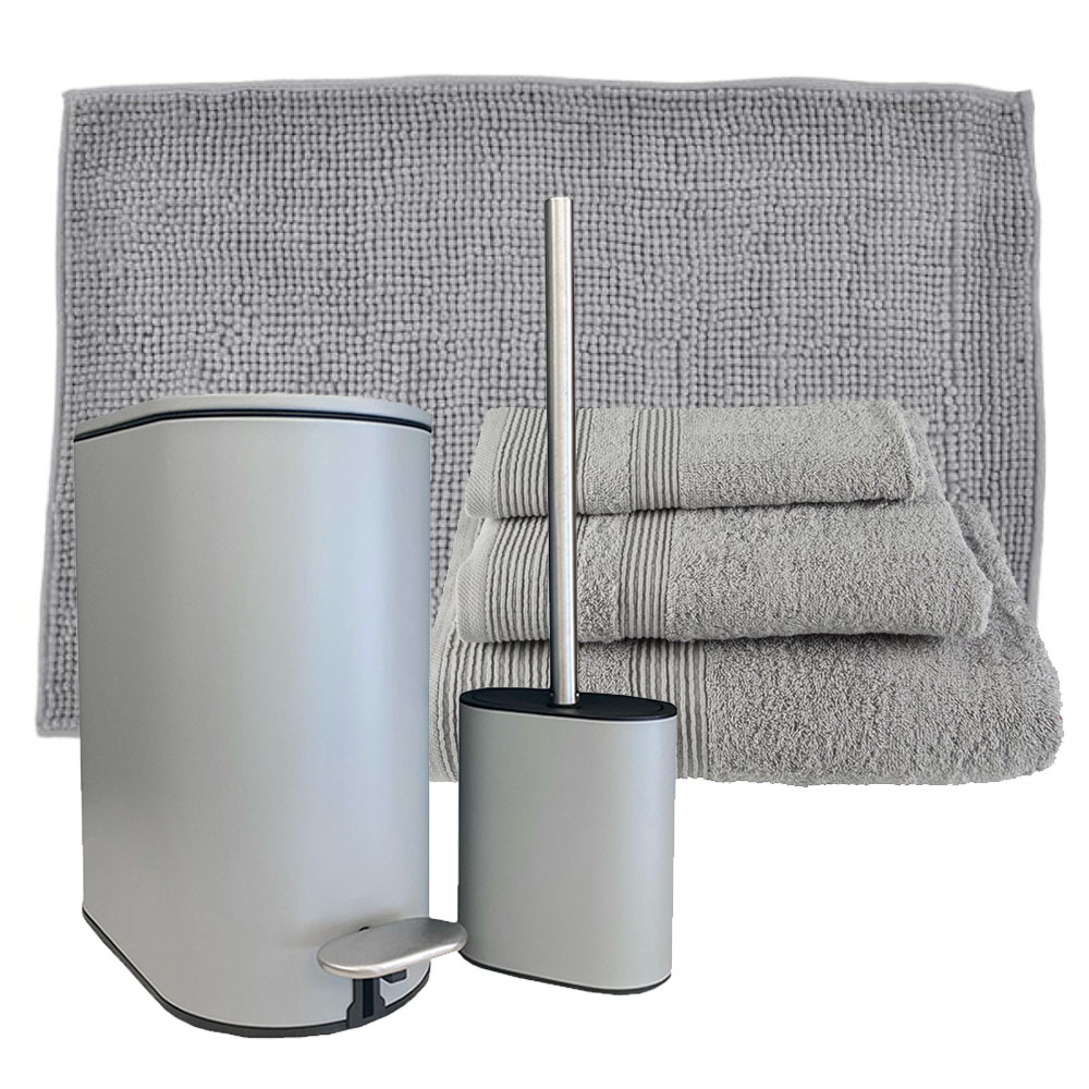 Sidi Oval Grey Σετ Μπάνιου 6τμχ – Πεντάλ Soft Close, Πιγκάλ, Πατάκι Σιλικόνης & Βαμβακερές Πετσέτες