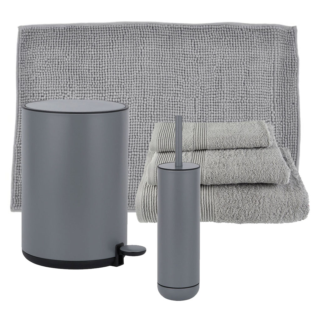 Dutch Lifestyle Grey Σετ Μπάνιου 6τμχ – Πεντάλ Soft Close, Πιγκάλ, Πατάκι Σιλικόνης & Βαμβακερές Πετσέτες