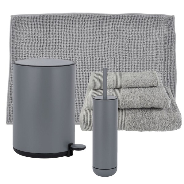 Dutch Lifestyle Grey Σετ Μπάνιου 6τμχ – Πεντάλ Soft Close, Πιγκάλ, Πατάκι Σιλικόνης & Βαμβακερές Πετσέτες