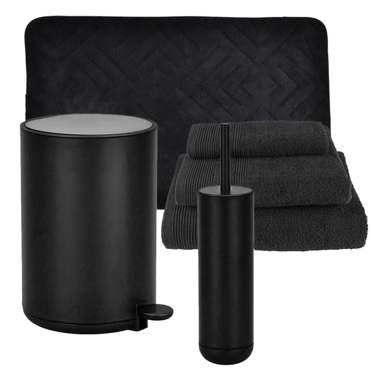 Dutch Lifestyle Black Σετ Μπάνιου 6τμχ – Πεντάλ Soft Close, Πιγκάλ, Πατάκι Memory Foam & Βαμβακερές Πετσέτες