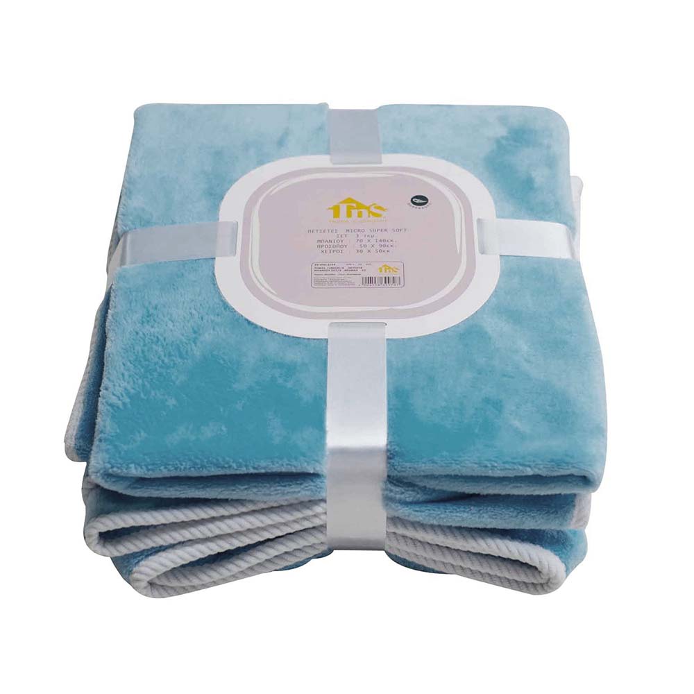 Σετ 3 Πετσέτες Μπάνιου Micro Super Soft 280grs χειρός, προσώπου & σώματος γαλάζιο χρώμα TNS 39-950-2164