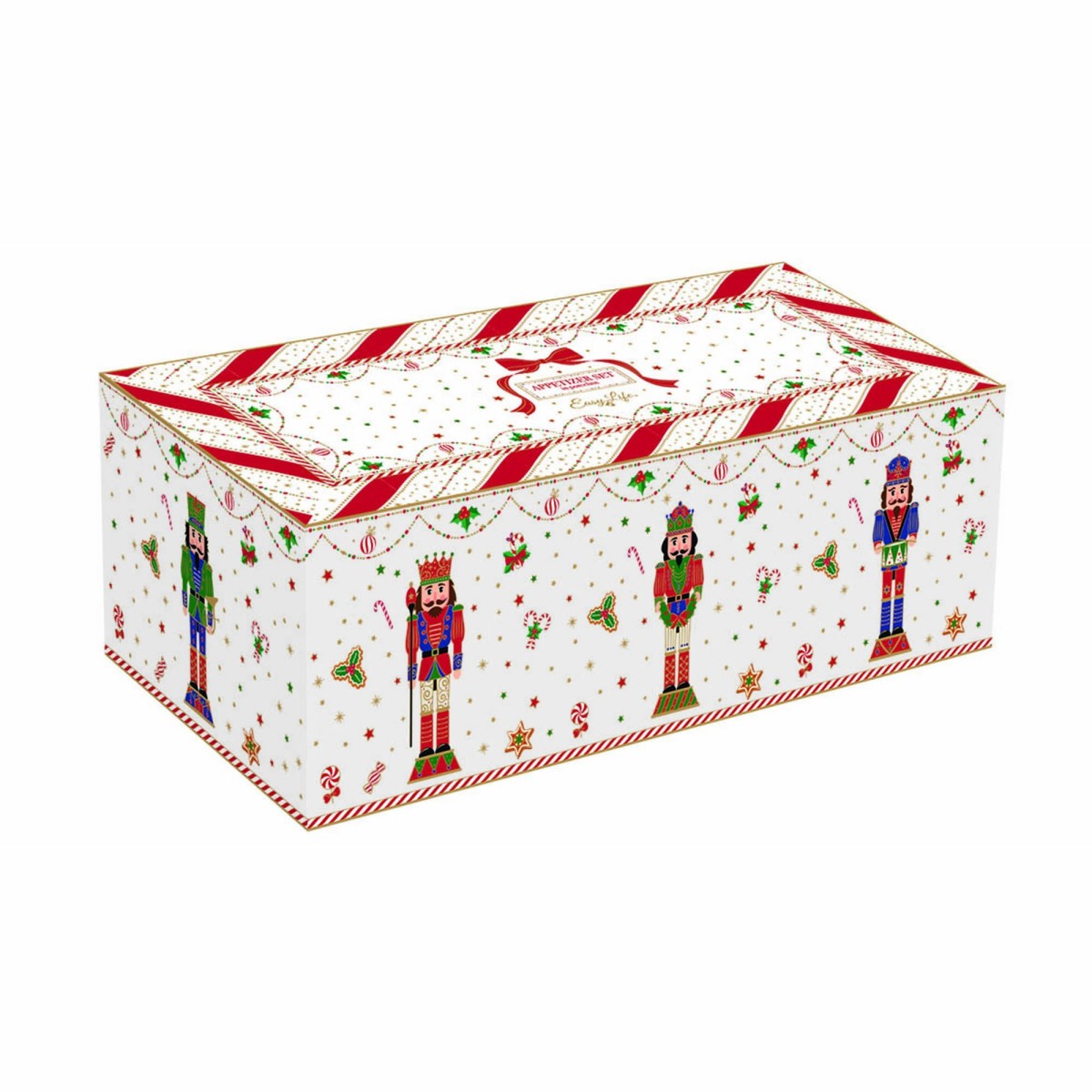 Σετ 4 Χριστουγεννιάτικα Μπωλ Σερβιρίσματος Πορσελάνινα με Ξύλινο Δίσκο - Marva Nutcracker Twist