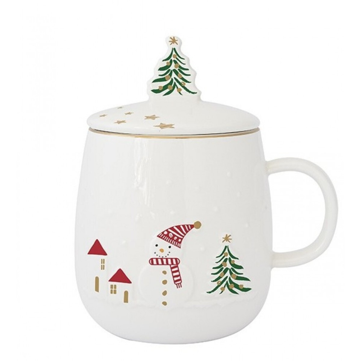 Χριστουγεννιάτικη Κούπα Πορσελάνης 450ml με Μεταλλικό Σουρωτήρι & Καπάκι σε Κουτί - Marva Let It Snow