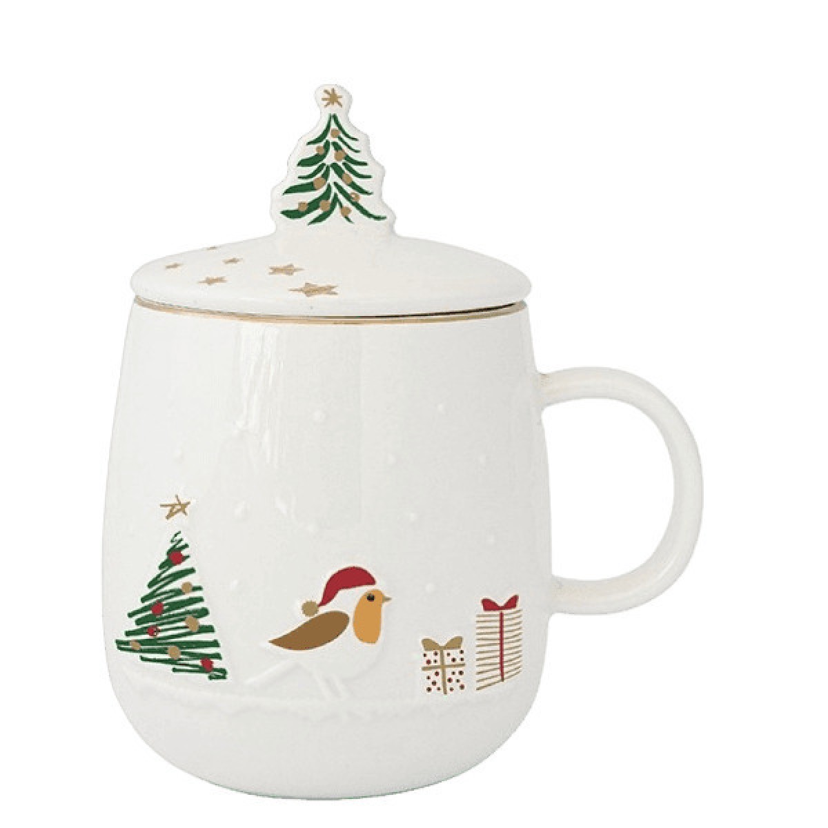 Χριστουγεννιάτικη Κούπα Πορσελάνης 450ml με Μεταλλικό Σουρωτήρι & Καπάκι σε Κουτί - Marva Let It Snow
