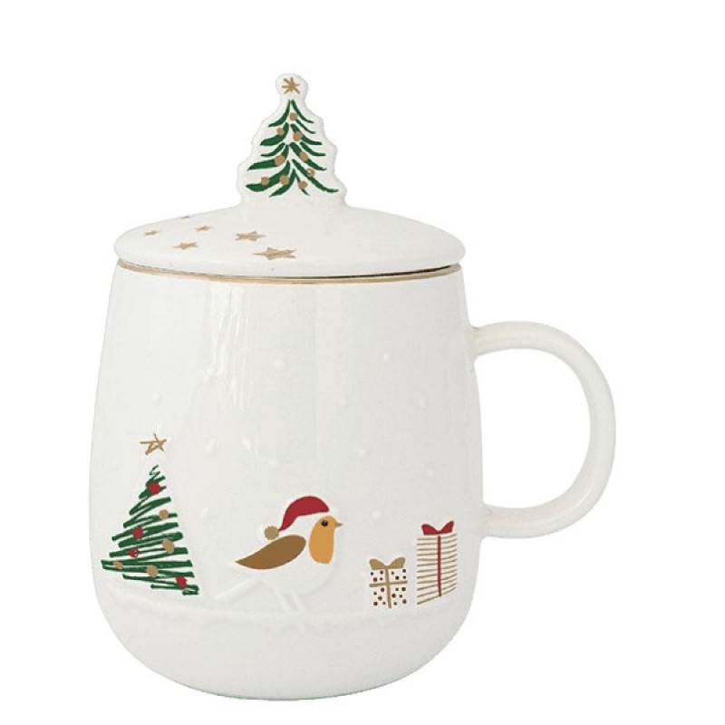 Χριστουγεννιάτικη Κούπα Πορσελάνης 450ml με Μεταλλικό Σουρωτήρι & Καπάκι σε Κουτί - Marva Let It Snow